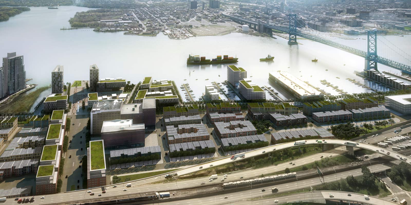 <p>This rendering shows mixed-use residential development at Festival Pier. The buildings will be organized around a new park and public plaza activated by restaurants, retail, and public events.</p>