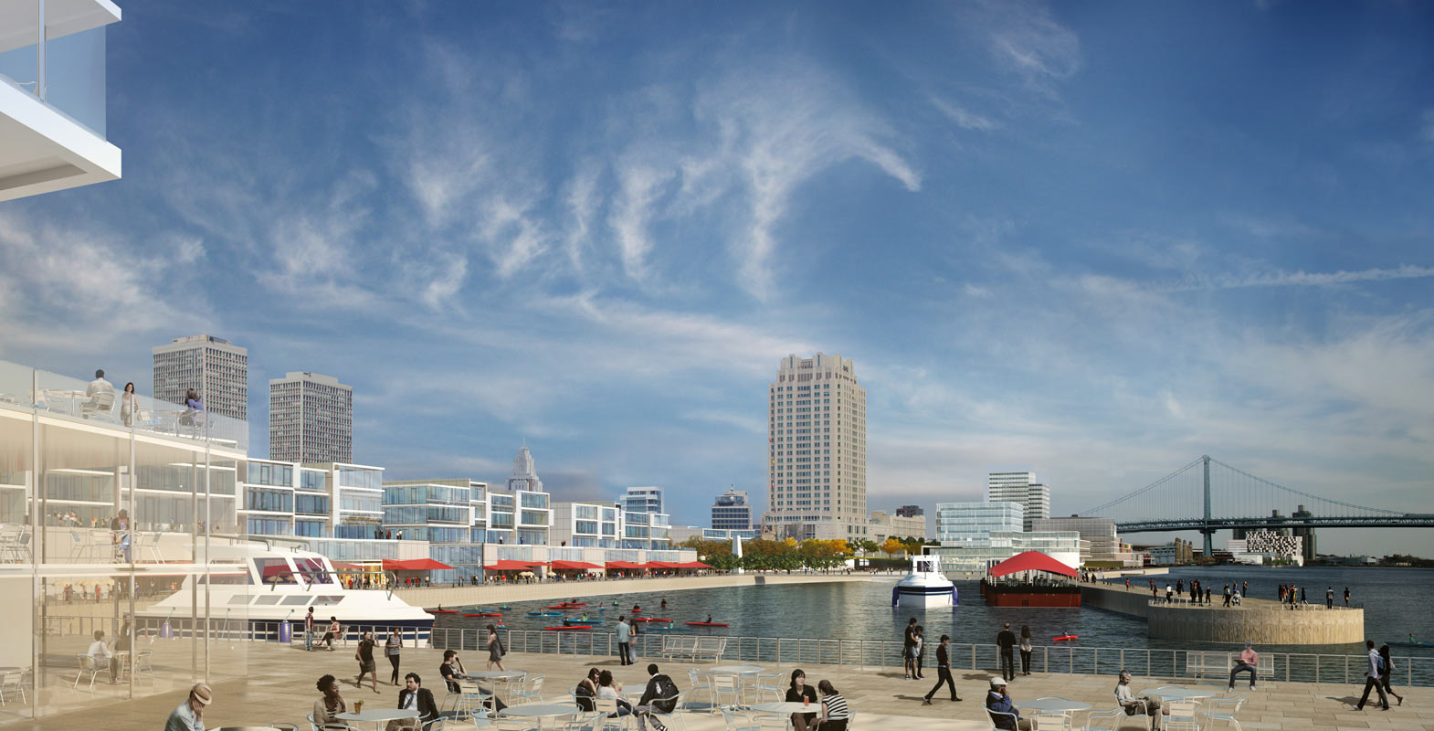 <p>At the Penn's Landing basin, mid-rise residential development is proposed, with waterfront restaurants and retail on the bottom two floors, and floating restaurants attached to the quay.</p>