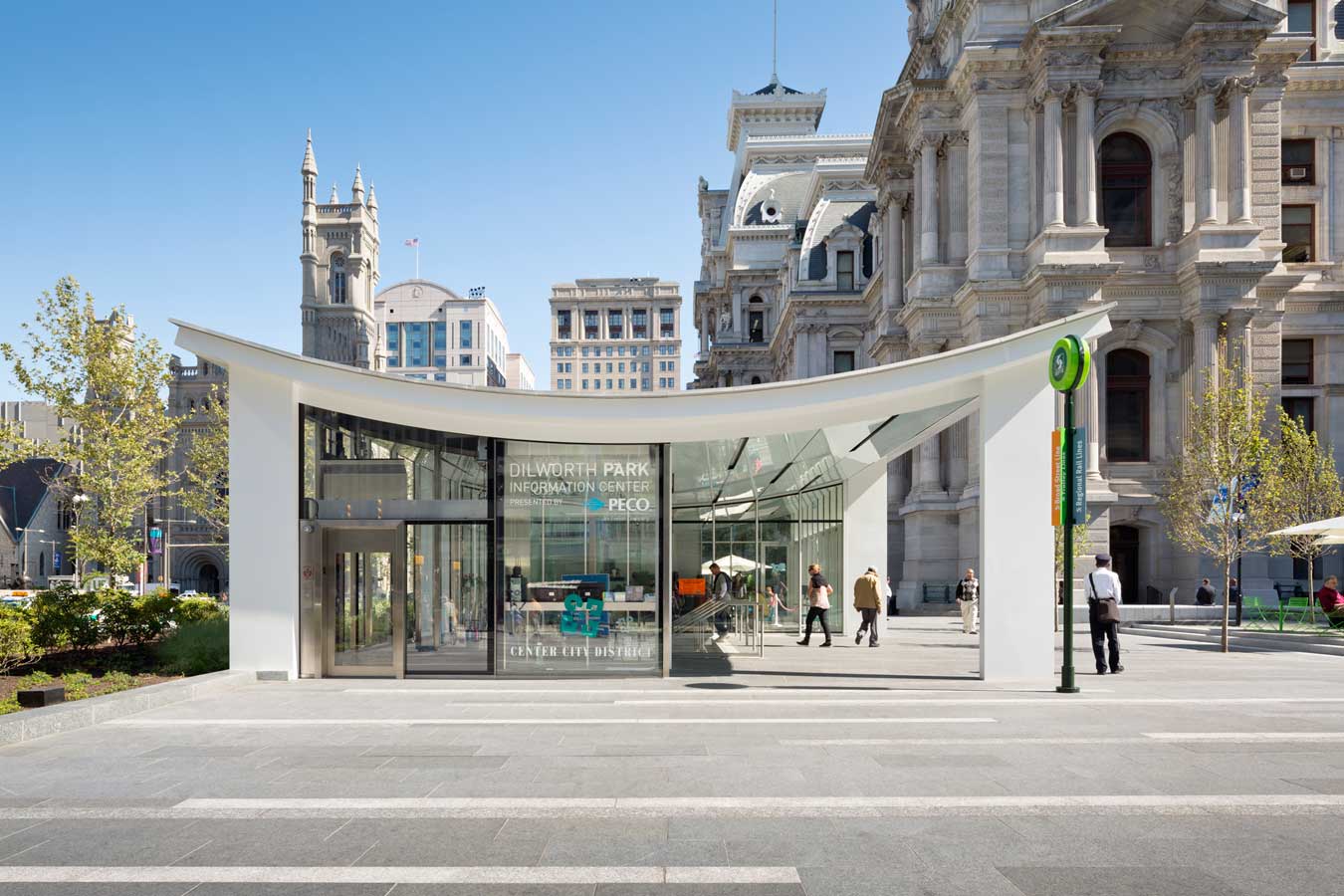 <p>The café, which is positioned for optimal sunlight and mile-long views down Benjamin Franklin Parkway, is another building of singular materiality—like City Hall (stone) and the transit pavilions (glass). In this case, Architecturally Exposed Structural Steel (AESS) was used for both structure and finish. <br><small>&copy; James Ewing Photography</small></p>