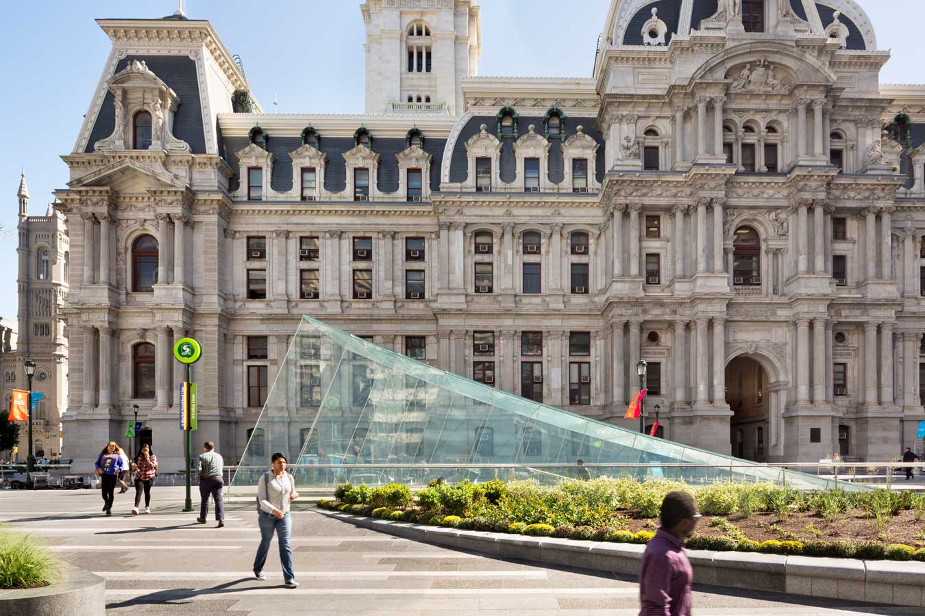 <p>The landscape and architecture work together to enhance and frame the views of City Hall, providing a renewed sense of place and arrival. <br><small>&copy; James Ewing Photography</small></p>