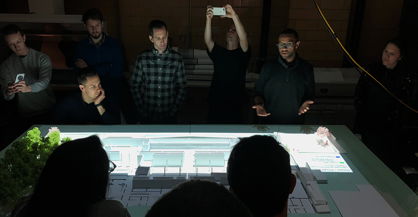 <p>For the Folger Shakespeare Library, we projected a crowd simulation onto a physical model to understand how visitors would move through the space.</p>