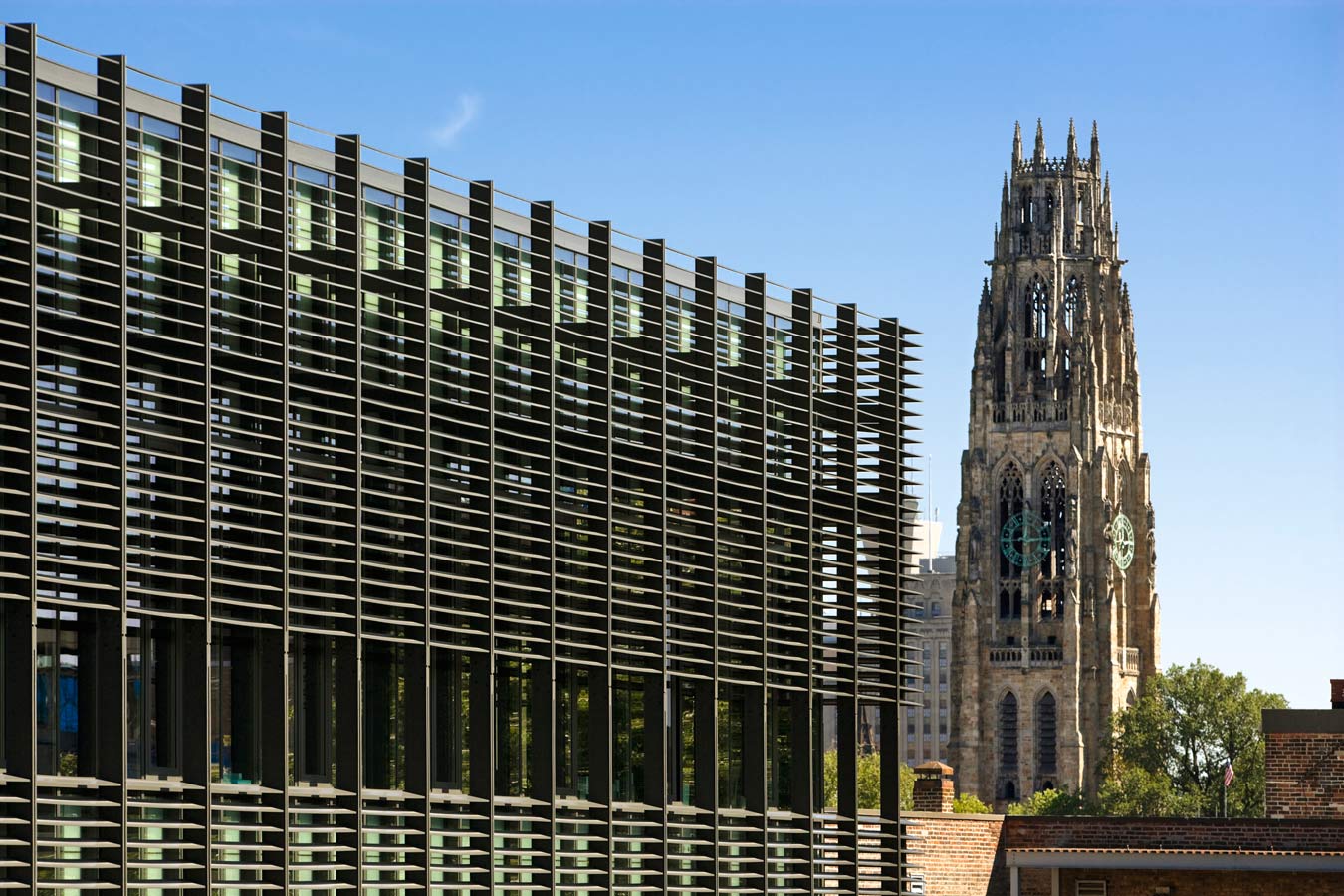 <p>The high-performance envelope of the sculpture building, designed to mitigate solar gain, creates the effect of an elegant contemporary gothic fenestration as seen against Yale's gothic structures beyond. <br><small>&copy; Peter Aaron/OTTO</small></p>