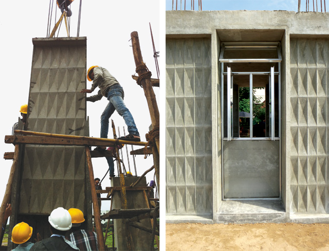 Closure panel is inserted and secured to complete the permanent formwork (left). Off-site fabricated infill panels are installed (right).&nbsp;<br />