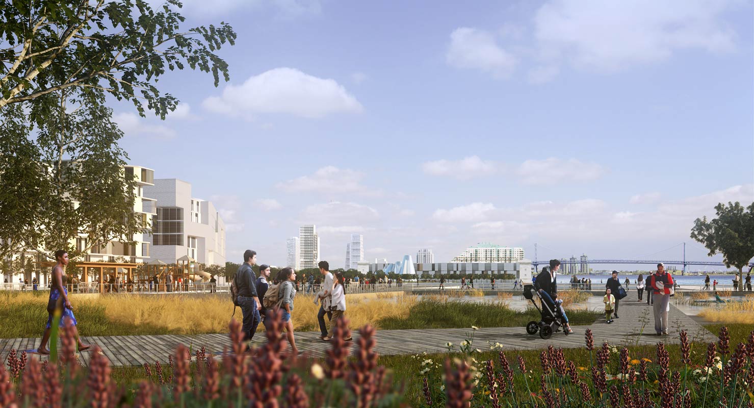 <p>A rendering shows a wetlands park looking north from Dickinson Street. Multiple objectives are met at this site, where sustainable residential development, new parks, waterfront activitation, and wetland restoration are planned.</p>