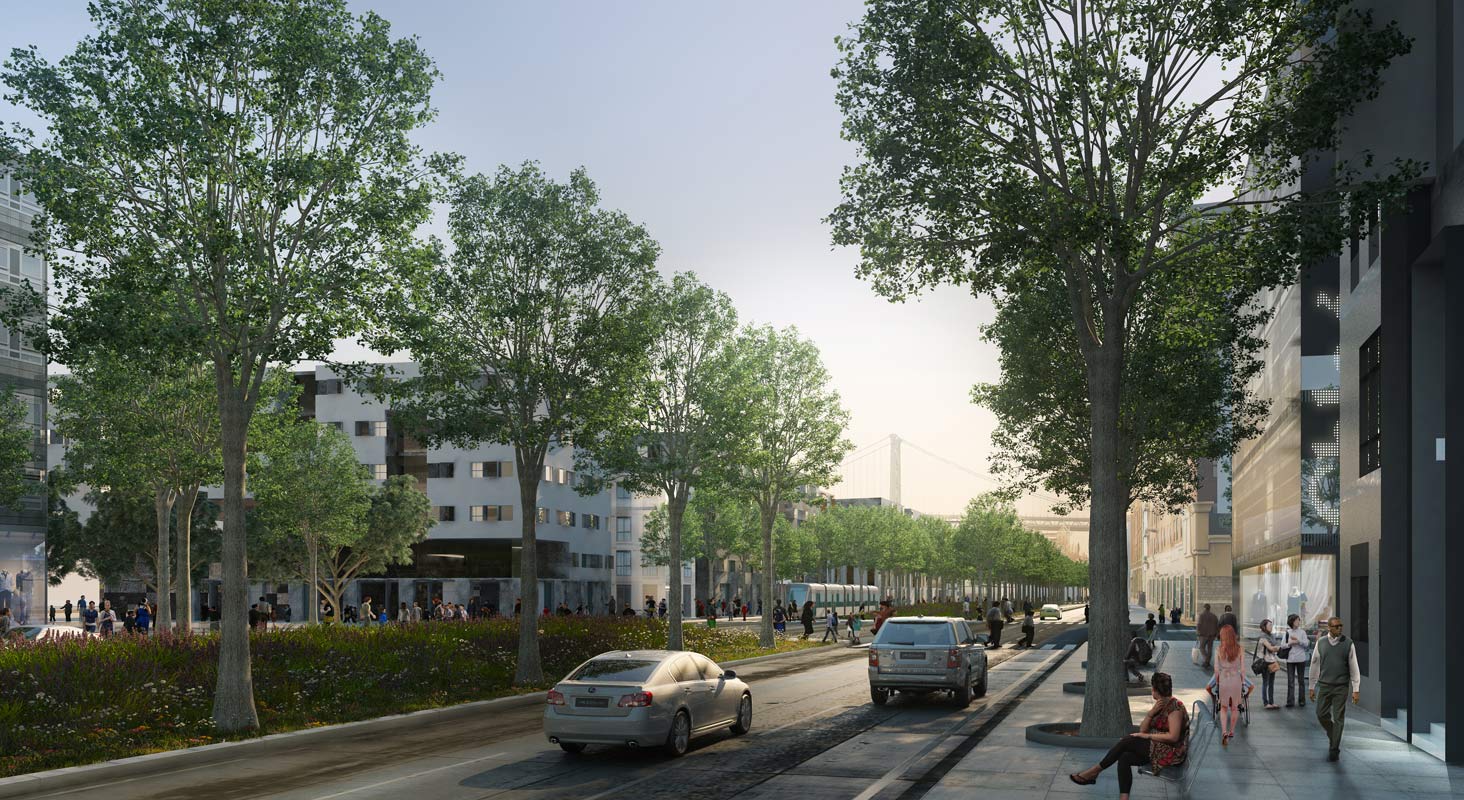 <p>High-quality transit service connecting waterfront destinations with the city is critical to the success of the master plan. The first phase includes improvements to existing public transit, with a light-rail/streetcar system proposed in the long-term. This rendering shows improvements at Delaware Avenue and Spring Garden Street.</p>
