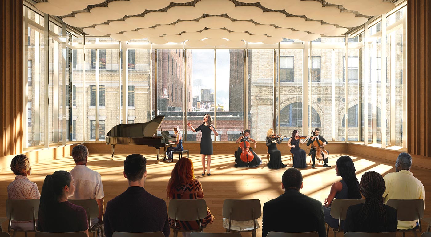 <p>The Paulson Center provides NYU with instruction and practice rooms for its music and performing arts programs, and the University's first orchestral ensemble room. <small>Illustration by Brooklyn Digital Foundry</small></p>