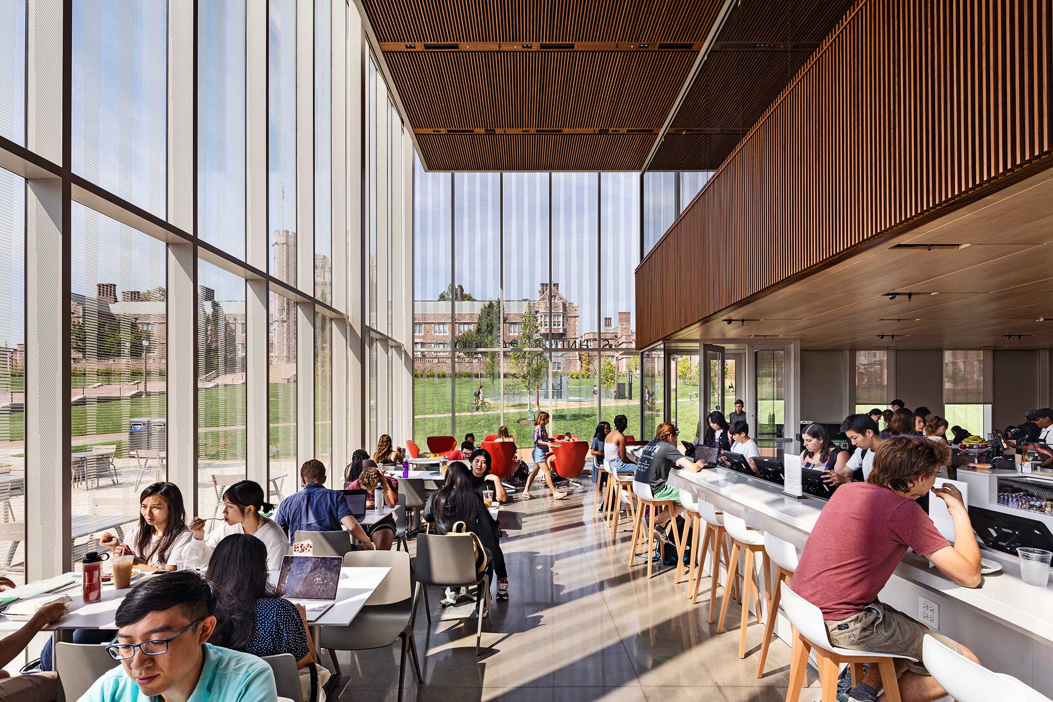 <p>Designed to be the East End's center of student life, the Schnuck Pavilion houses the Environmental Studies Program and the Office of Sustainability, as well as a bicycle commuter hub and a large cafe with indoor and outdoor seating. <br><small>&copy; James Ewing/JBSA</small> &nbsp;<br /></p>