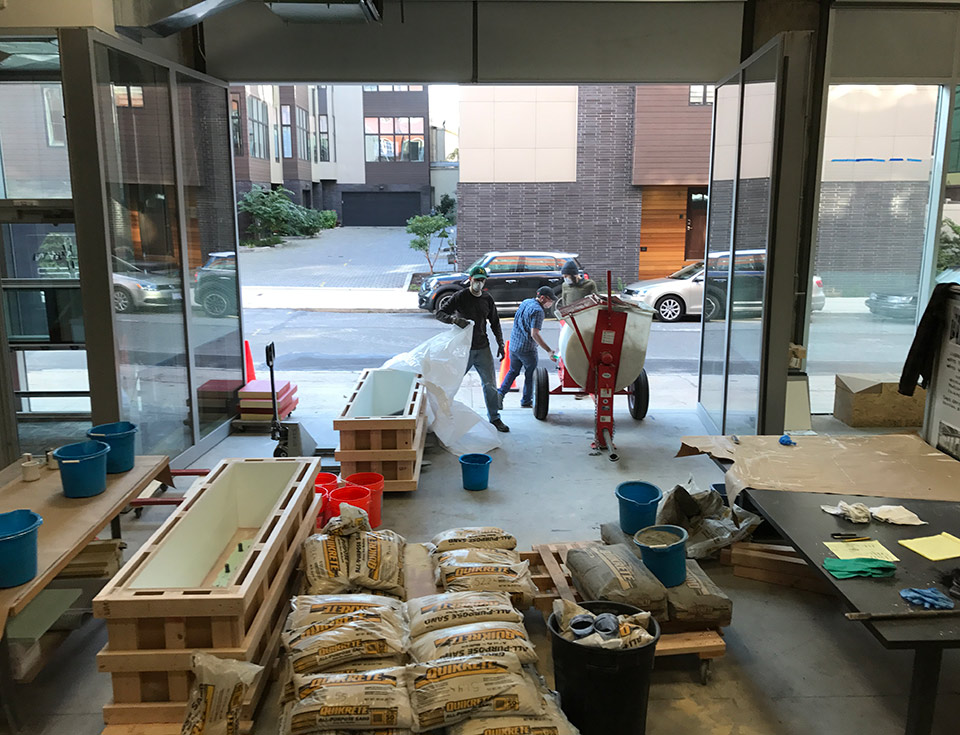 Our workshop and fabrication lab allows us to build complex mixed media fabrications such as the precast concrete, teak, and bronze bench we made for a local neighborhood association's new outdoor pavilion.