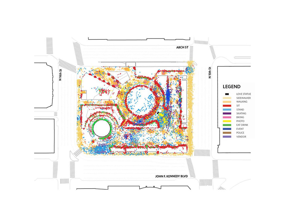 For Philadelphia's LOVE Park, we used a custom developed app to map visitor behavior over time and across different areas of the park. The results of this survey helped us create a pre-renovation standard.