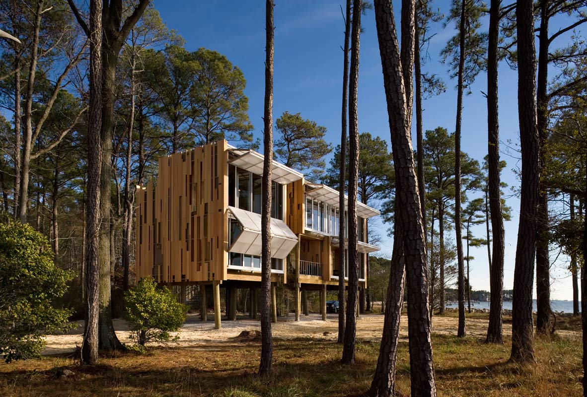 <p>Loblolly House has an adjustable glazed system with two layers: interior accordion-style folding glass doors and exterior polycarbonate-clad hangar doors that provide an adjustable awning as well as weather and storm protection. <br><small>&copy; Peter Aaron/OTTO</small></p>