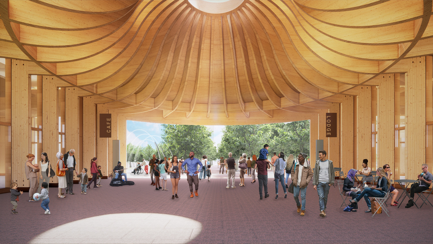 <p>The breezeway roof rises dramatically at the center, creating an iconic vaulted gateway that will make the structure visible and welcoming from surrounding areas. &nbsp;<br /><br><small>&copy; KieranTimberlake</small></p>