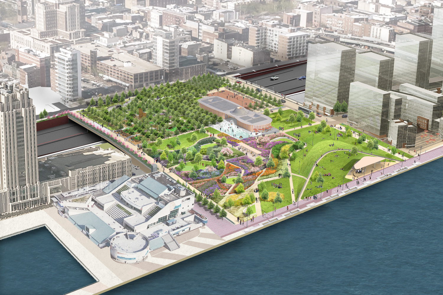 <p>The new Park at Penn's Landing will be a 11.5-acre civic space connecting the city back to  the waterfront. Amenities will include the central pavilion and café, flexible open space for performances and festivals; food and drink options; a new play area; a relocated ice rink for skating in the winter; and a water play area to cool off in the summer.  &nbsp;<br /><br><small>&copy; Hargreaves Jones</small></p>