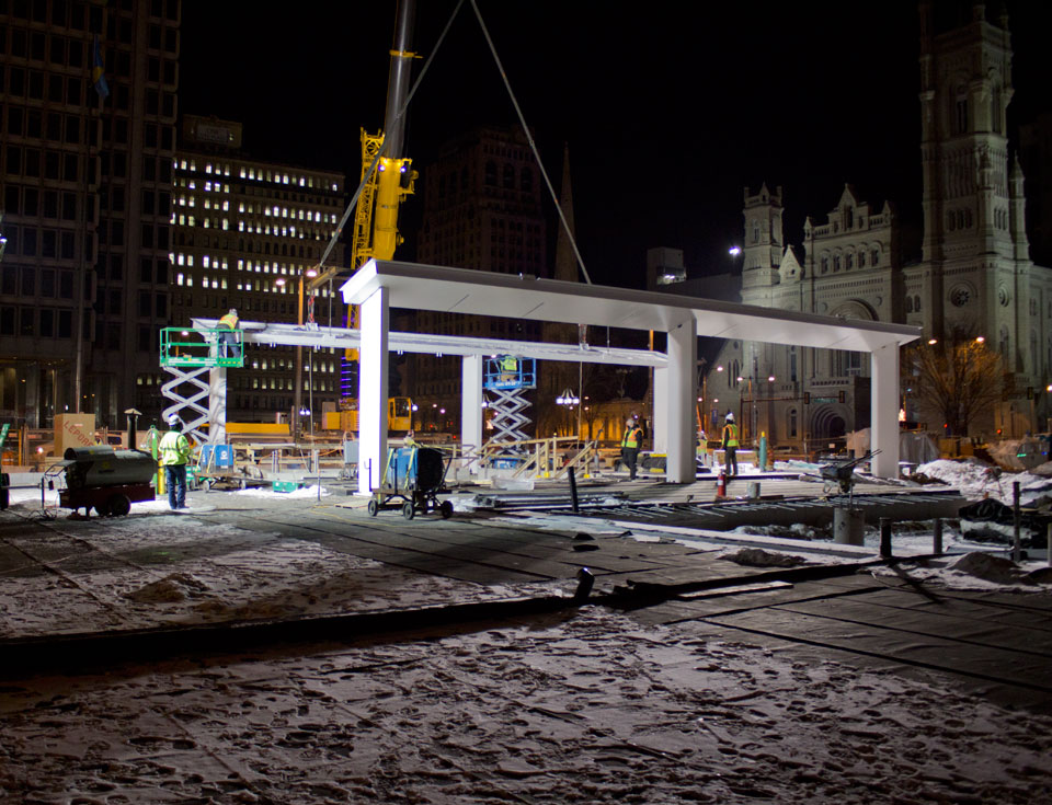 A 300-ton crane lifted the steel pieces into place for assembly of the new cafe at Dilworth Plaza.
