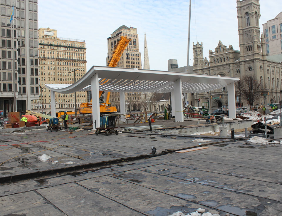 A 300-ton crane lifted the steel pieces into place for assembly of the new cafe at Dilworth Plaza.