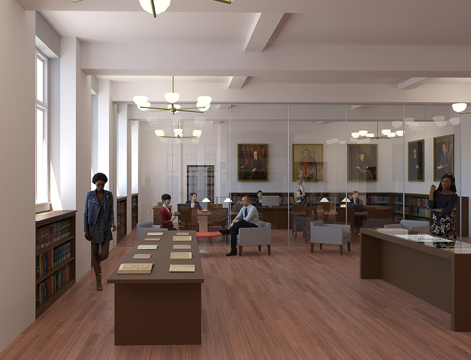 Glass doors and walls will give Fellows a quiet place to research while also visually connecting visitors to the College's collection and stacks.