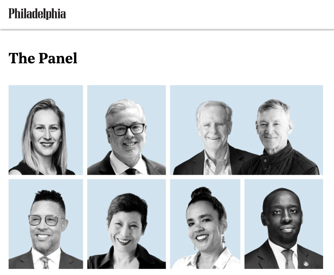 Top row, from left: Diana Lind, writer and urban policy specialist; John Fry, president of Temple University; Stephen Kieran and James Timberlake. Bottom row, from left: Greg Reaves, developer, co-founder of Mosaic; Ellen Yin, restaurateur, founder of High Street Hospitality Group; Adjoa Jones de Almeida, former executive director of Forman Arts Initiative; Isaiah Thomas, City Councilmember | phillymag.com