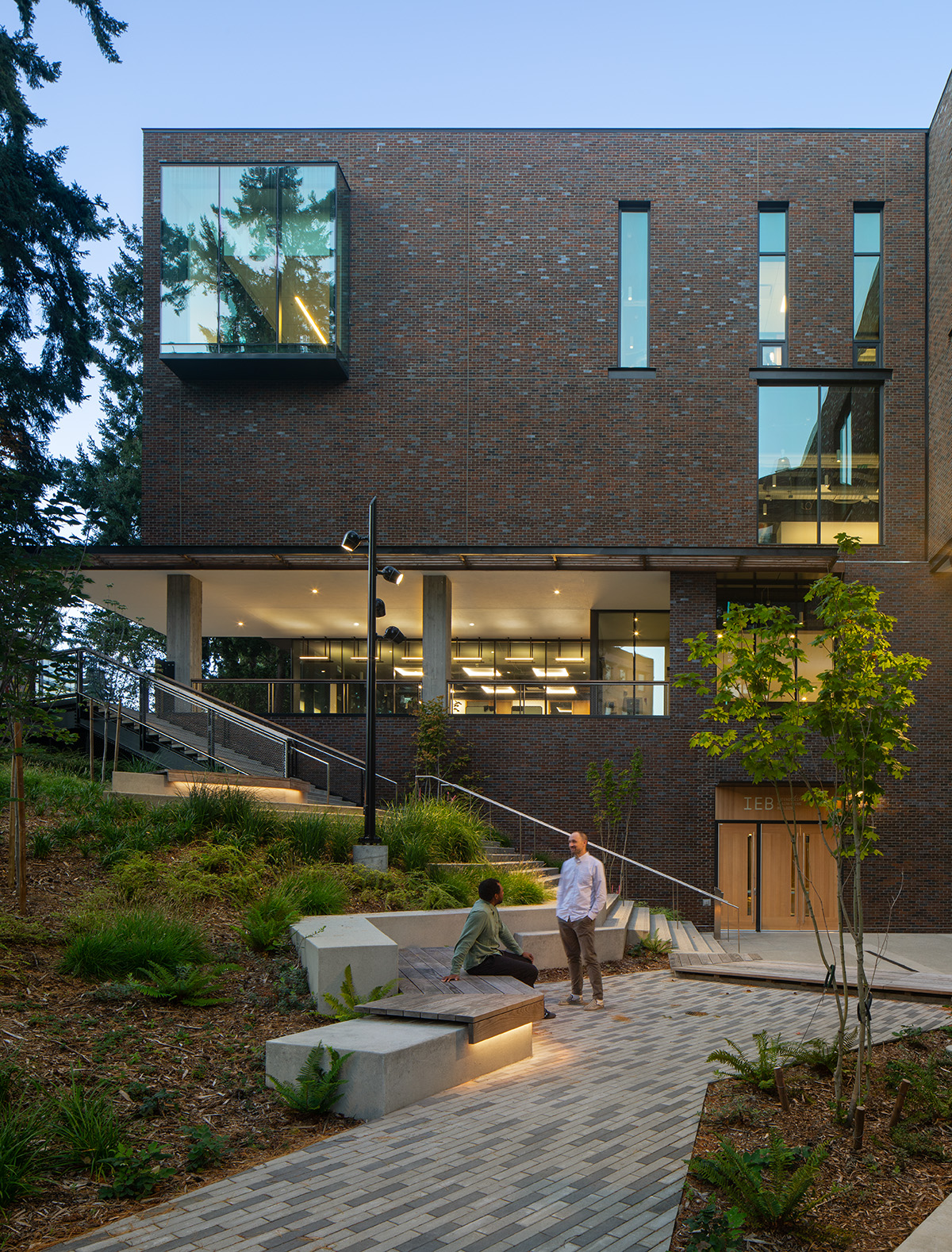 University of Washington Interdisciplinary Engineering Building courtyard at dusk looking north