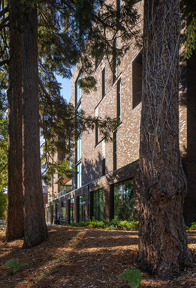 University of Washington Interdisciplinary Engineering Building exterior east facade and forest path
